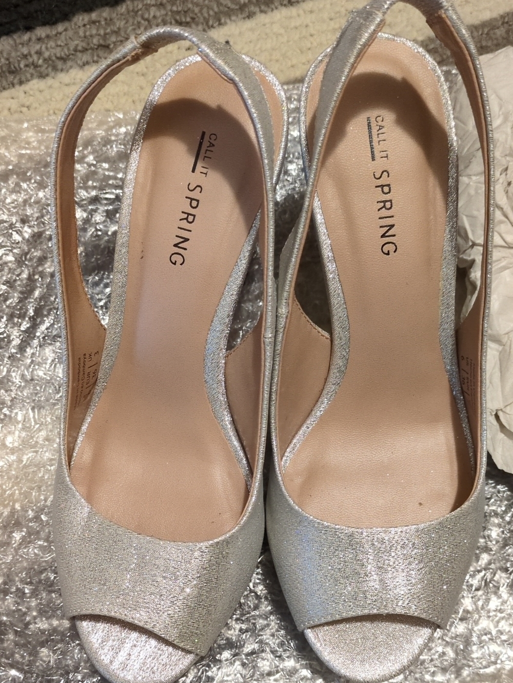 Call It Spring Glitter Silver Peep-Toe Slingback Heels